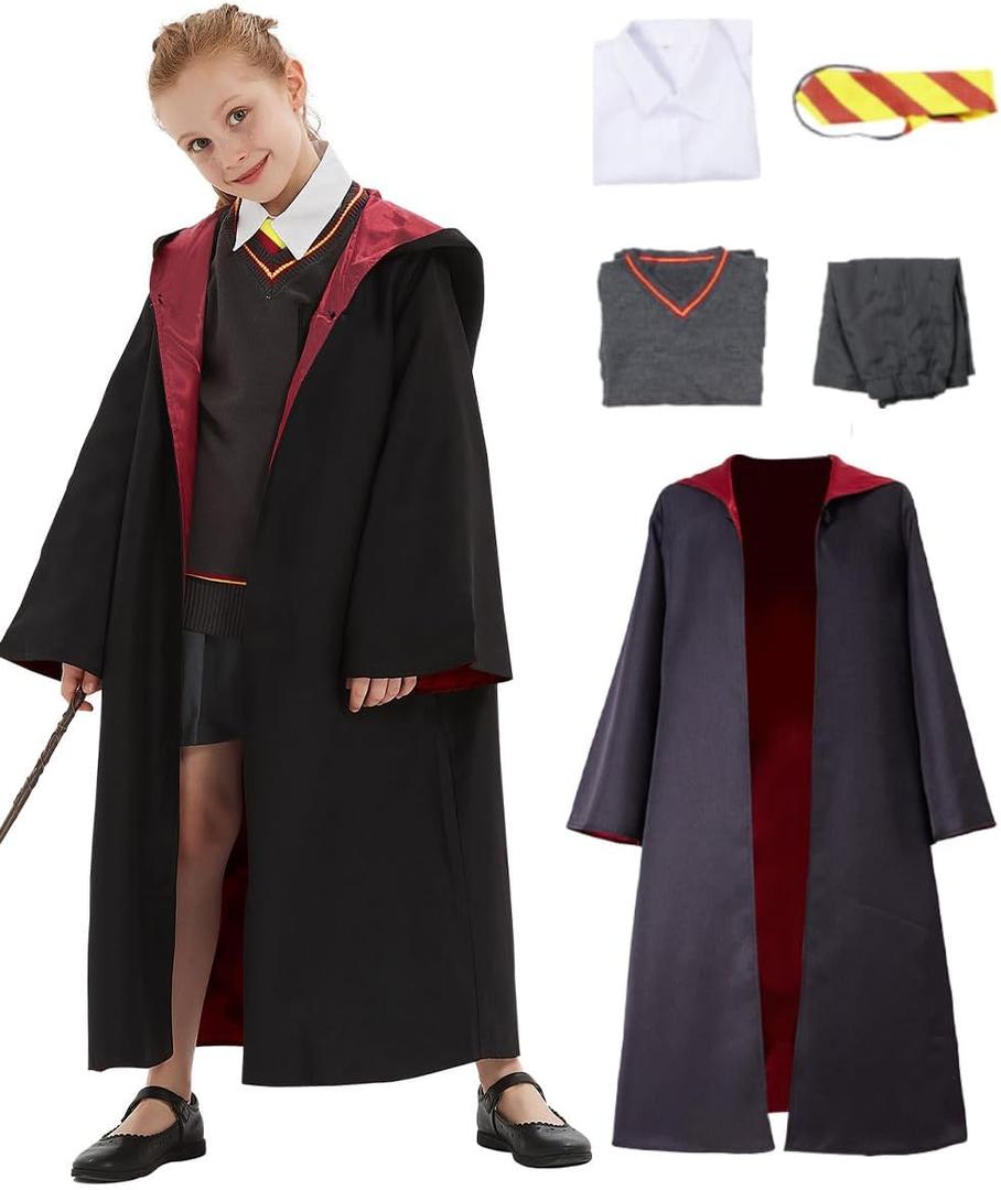 Kids Girls Witch Cosplay Costume Magic School Uniform Girls Witch Robe Cloak Skirt Shirt Halloween Cosplay Props (X-Large, Black)