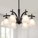 Q&S Modern Farmhouse Black Frosted Glass Chandelier Rustic Kitchen Light Fixtures 6 Lights for Dining Room Living Room Foyer Entryway Bedroom UL Listed D25.6 Inches, Black 