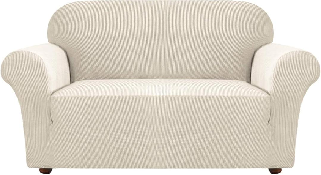 Turquoize Stretch Sofa Slipcover Loveseat Cover Couch Covers for 2 Cushion Couch 1 Piece Sofa Slipcover for Living Room with Jacquard Fabric and Elastic Furniture Protector(Loveseat,Biscotti Beige)