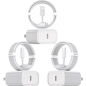 10Foot Fast iPhone Charging Cable,3-Pack Super Fast i Phone Charger USB C Charging Block Wall Charger PD Adapter with 10FT Type C to Lightning Cable Cord for iPhone 14/13/12/11ProMax/XS Max/XS/XR/8/SE