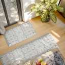 Collive Anti Fatigue Mats for Kitchen Floor, Cushioned Non Skid Kitchens Rug Sets of 2 Waterproof Padded Sink Rugs, Boho Floral Rug Comfort Standing Mat for Home Office, 17.3"x28" + 17.3"x47"