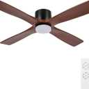 WINGBO 48 Inch Flush Mount DC Ceiling Fan with Lights and Remote, 4 Reversible Carved Wood Blades, 6-Speed Noiseless DC Motor, Hugger Ceiling Fan in Matte Black Finish with Walnut Blades