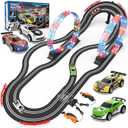 Slot Car Race Track Sets with 4 Slot Cars, 2 in 1 Electric Race Car Track Include Slope Circular Overpass Track, Dual Racing Game Featuring Flash Tracks, Gifts Toys for Boys Kids Age 6 7 8-12