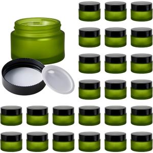 1oz Glass Jar with Lid, Hoa Kinh 25Pack Green Frosted Round Containers Cosmetic with Inner Liners and Black Lids Travel Jars for Storing Lip and Body Scrub, Lotion, Body Butter, Bath Salts, Liquid