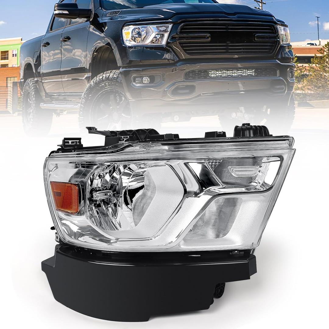 FIONE Halogen Headlights Assembly Compatible with Dodge Ram 1500 2019-2022 Replacement Headlamp with Chrome Frame Passenger Right Side RH 68316080AD 68316080AH FIONE Halogen Headlights Assembly Compatible with Dodge Ram 1500 2019-2022 Replacement Headlamp with Chrome Frame Passenger Right Side RH 68316080AD 68316080AH