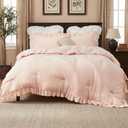 CAROMIO Pink Ruffled Comforter Set Queen Size, 3PCS Soft Washed Microfiber Lightweight & Fluffy All-Season Bedding Comforter with Vintage French Country Style, Pink, 90x90 in