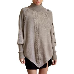 MakeMeChic Women's Poncho Sweater Asymmetrical Turtleneck Knit Pullover Sweater Button Oversized Long Sleeve Poncho (XX-Large, Khaki)