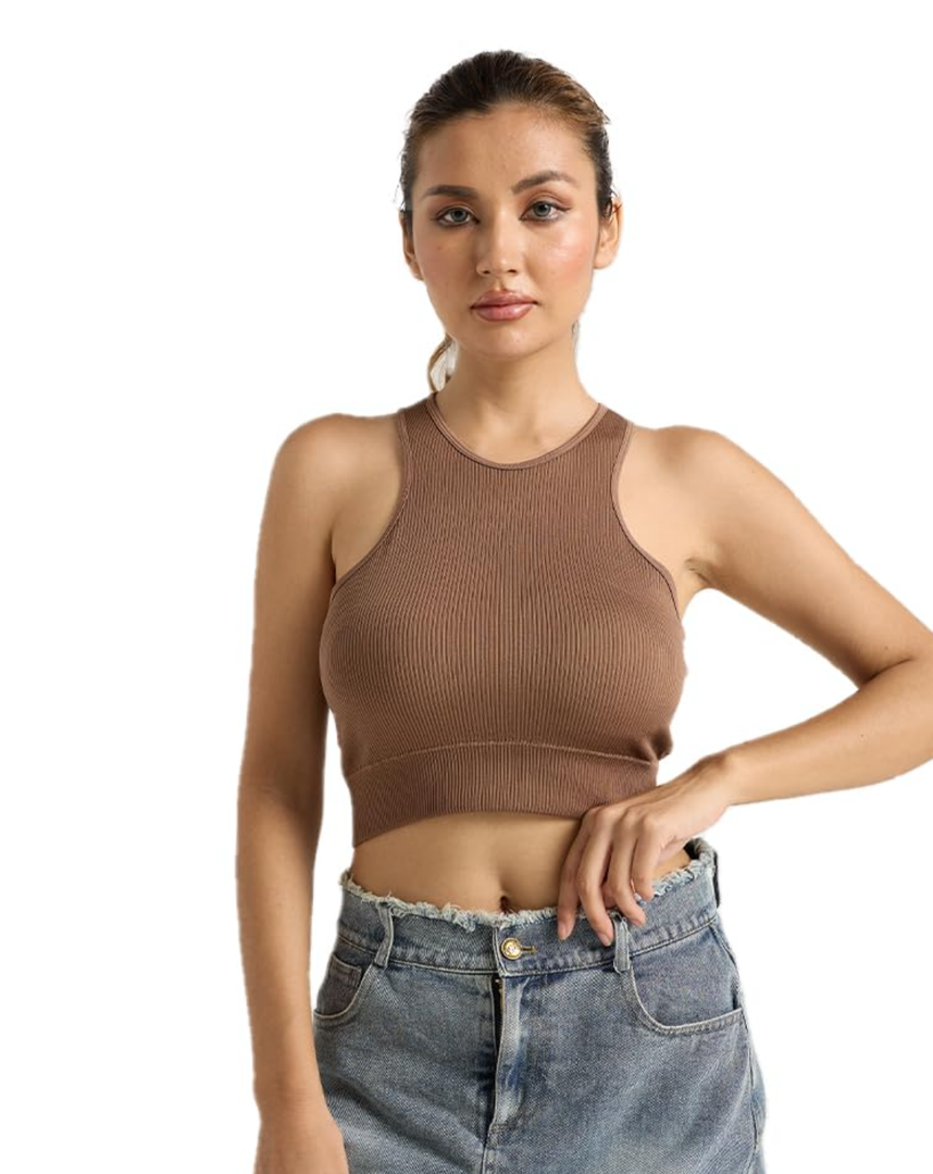 Women's Crop 1-Pack Racerback Round Neck Ribbed Cropped Tank Tops Basic Workout Exercise Shirts Yoga Crop Tops,  L/XL