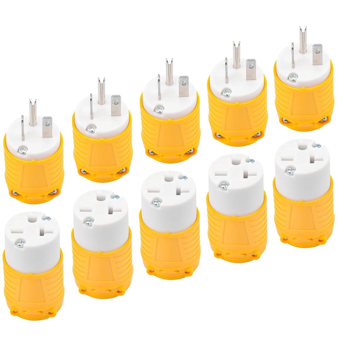 6-20P Replacement Plug and 6-20R Replacement Connector 5 Set, 20 Amp 250 Volt Extension Cord Ends, 2 Pole, 3 Wire Grounding, Industrial Grade, Heavy Duty, ETL Listed