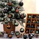 64 Pcs Neutral Christmas Ball Ornaments Bulk Matt Glitter Check Brown Green Black Xmas Bulbs Ornaments 1.6/1.97/2.4 Inch Modern Christmas Decorations for Tree Holiday Indoor Wreath Home Decor