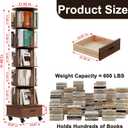 Solid Wood Rotating Bookshelf Tower on Wheels, 5-Tier Spinning Bookcase with Drawer, 72" Floor Standing Revolving Bookshelf, Rotating Bookcase for Small Space, Walnut, 18.87 inches x 18.87 inches x 72.84 inches