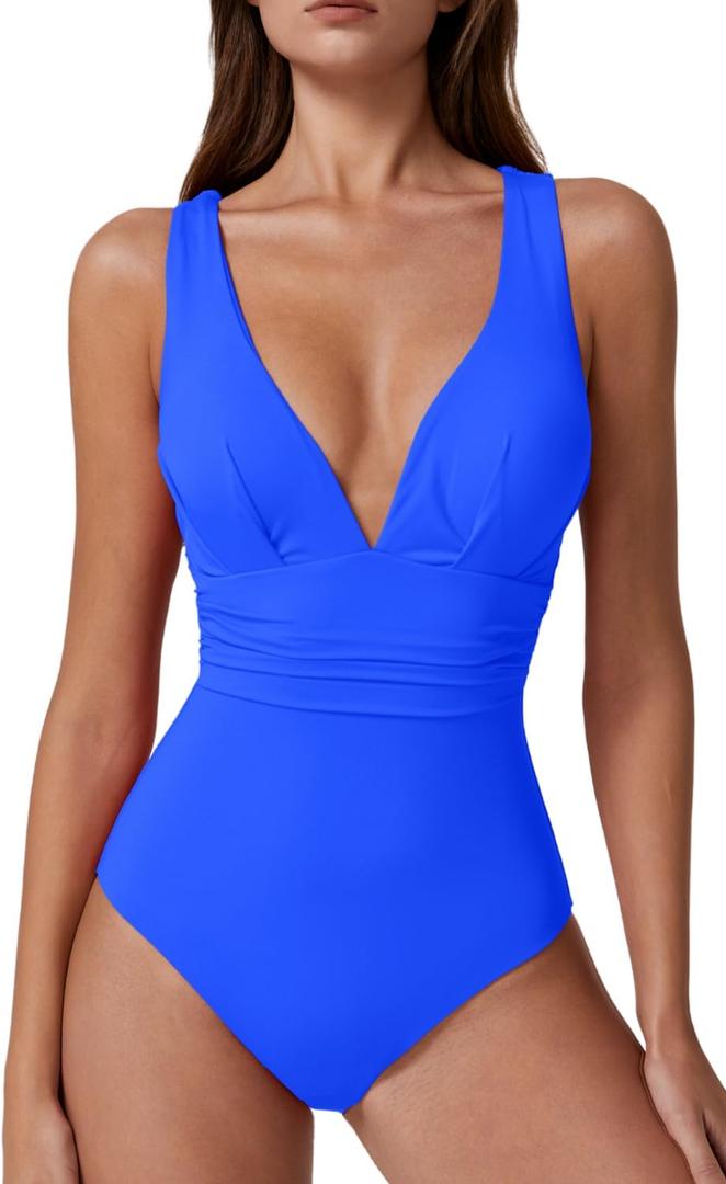 QINSEN Womens Sexy V Neck One Piece Bathing Suit Cross Back Swimsuit High Waist Monokini (Small, Sapphire Blue)
