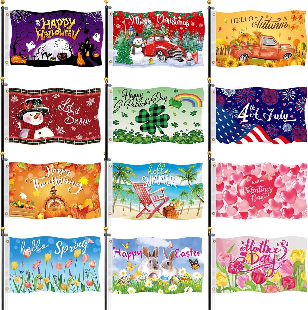 Seasonal Garden Flags Set of 12-3x5 ft Large Outdoor Yard Flags for All Seasons, Fall, Winter, Halloween, and Christmas - Holiday House and Garden Flags for Outside Decor