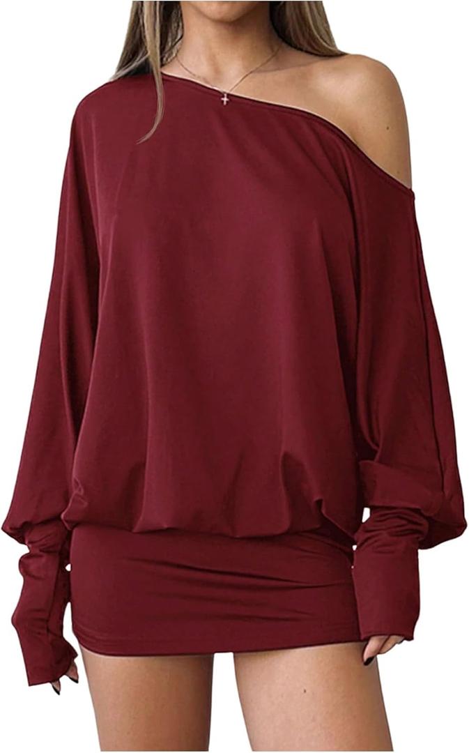 SOLY HUX Women's Long Sleeve Off The Shoulder Dress Y2k Mini Dress Streetwear Music Festival Outfits (Medium, Plain Burgundy)
