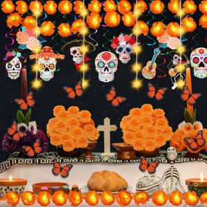 80 Pcs Day of The Dead Decorations Set Sugar Skull Hanging Swirls String Light Marigold Garland Monarch Butterfly Marigold Flowers with Stem for Dia De Los Muertos Party Ofrenda Altar Decor (Orange)