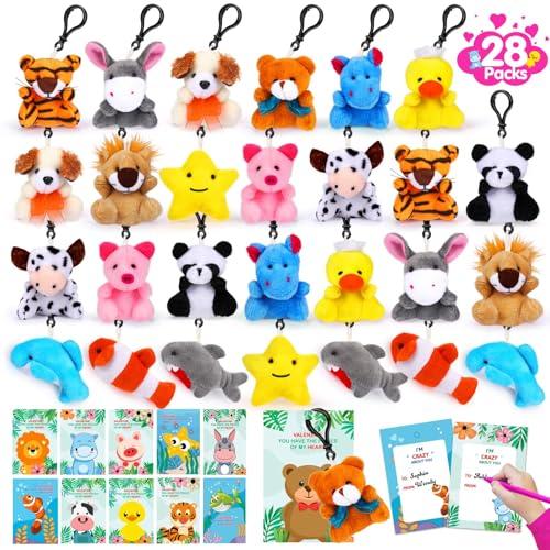 28 Packs Valentines Day Gifts for Kids Girls Boys with Valentines Stuffed Animal Keychain Valentine Cards for Kids Classroom Exchange Gifts Mini Animal Plush Toys Valentines Party Favor School Prizes