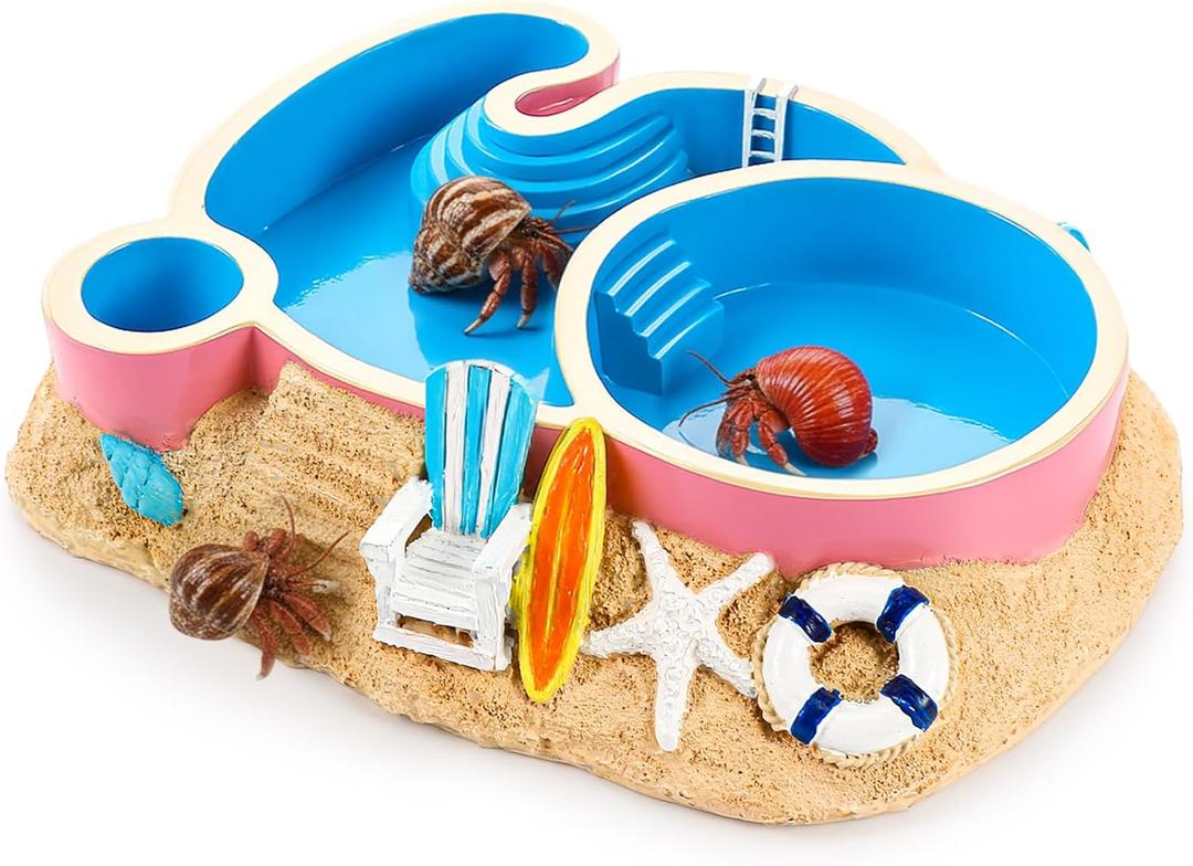 Gerrii Hermit Crab Water Bowl 2 Compartments Resin Hermit Crab Water Bathing Pool and Food Dish Seashell Reptile Climbing Habitat Platform for Turtles Lizard Frog Gecko Chameleons(Round)
