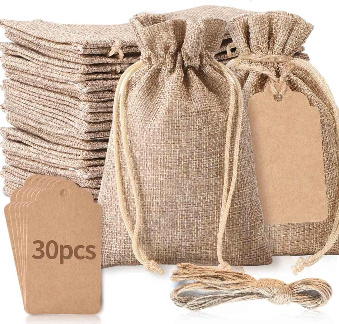 30Pcs 3 x 4 inch Burlap Gift Bags with Drawstring and 30Pcs Tags, Wedding Hessian Linen Sacks, Jewelry Pouches Burlap Gift Bags for Birthday, Party, Present, Wedding Favors, Art and DIY Craft
