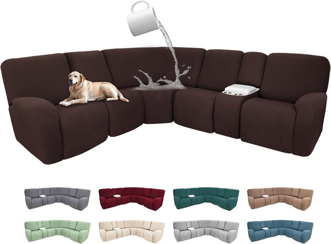 100% Waterproof Sectional Recliner Couch Covers for Reclining Couch L Shaped Corner Sectional Sofa Cover Jacquard Stretch L Shape Recliner Slipcovers (5 Seater 1 Console Cover, Dark Brown)