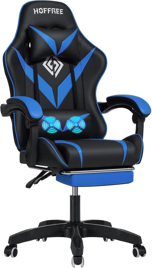 HOFFREE Massage Gaming Chair for Kids Computer Gamer Chair with Footrest and Lumbar Support Reclining PC Game Chair with Headrest for Gaming Room Blue and Black (Blue+black)