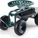 Garden Rolling Work Seat Cart with Wheels, Garden Stool Cart for Planting, 360 Degree Swivel Seat, Wagon Scooter with Steering Handle & Utility Tool Tray, Use for Patio, Yard, and Outdoors, Green
