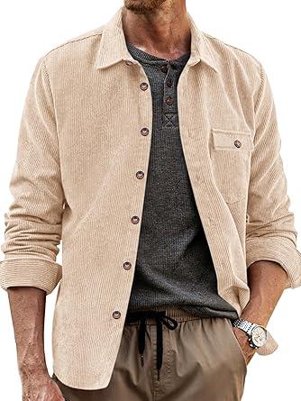 Runcati Mens Corduroy Button Down Jacket Casual Long Sleeve Shirts Ribbed Lightweight Shacket Jacket with Flap Pocket Beige, XXL