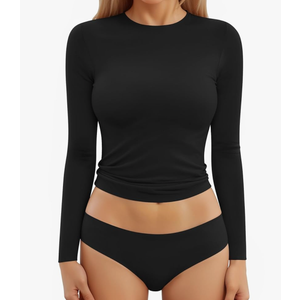 MANGOPOP Women's Double Lined Long Sleeve Tops Crew Neck T Shirt Compression Fitted Basic Tee Black XXL
