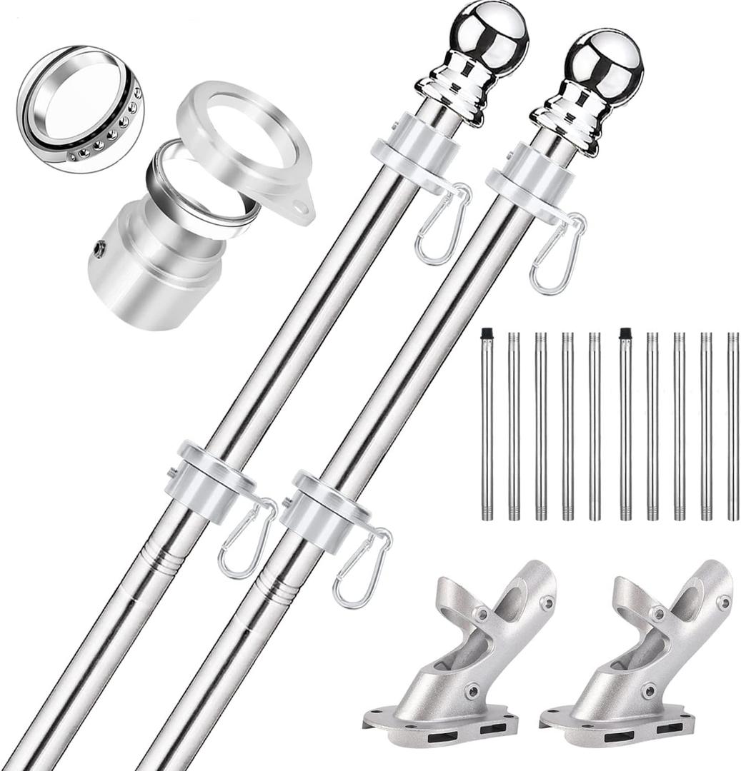 2 Pack Flag Poles for House, 6 FT Flag Pole Kit with 2 No-Tangle Aluminum Ring Clips and Holder Mounting Bracket, Heavy Duty Stainless Steel Flag Poles for Outside House, Boat Flagpole, 6ft