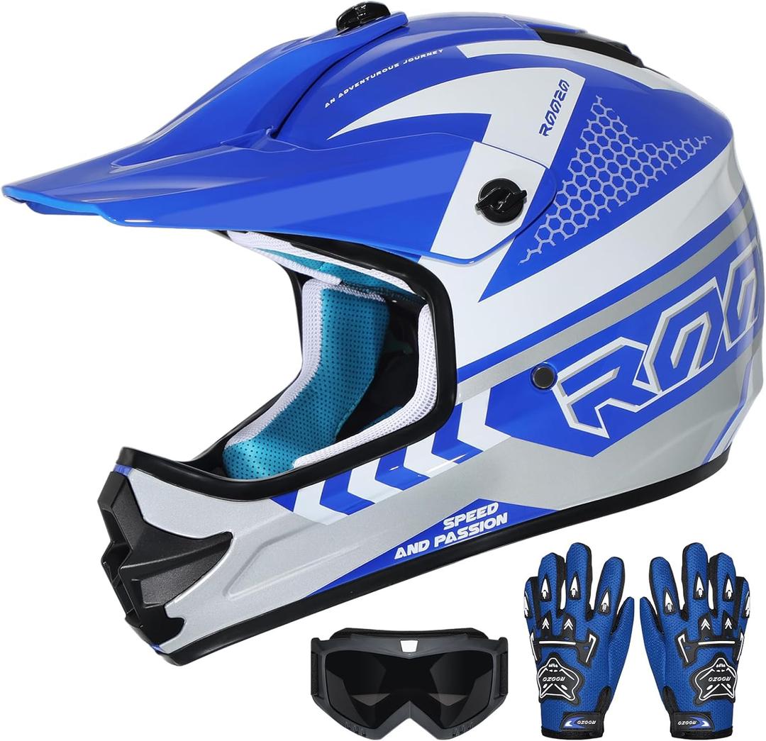 Youth Dirt Bike Helmet DOT Certified - Full Face Motorcycle Helmet for Off-Road, ATV, Street Riding, Includes Adjustable Goggles & Protective Gloves (X-Large, BLUE)