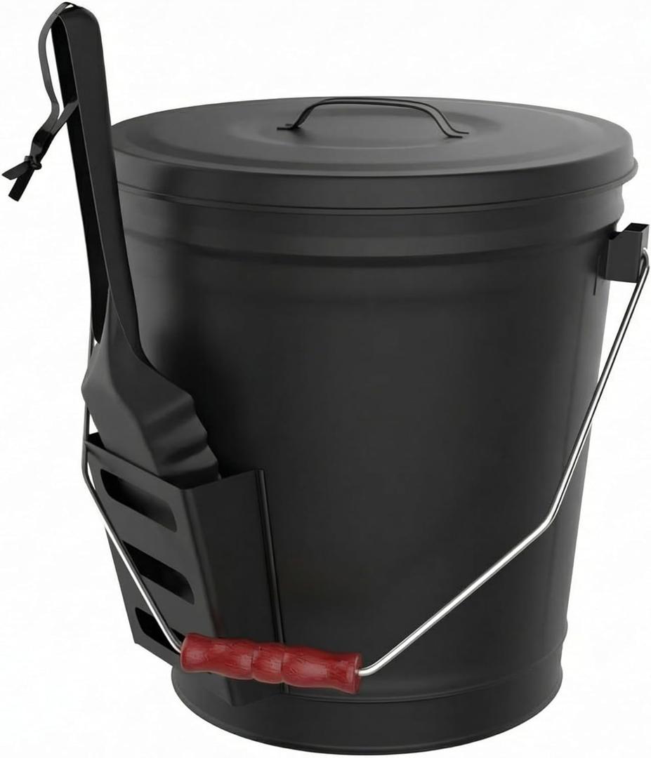 Ash Bucket - 4.75-Gallon Metal Bucket with Lid and Shovel for Fireplace or Firepit Ashes - Heat Resistant Fireplace Tools by Pure Garden (Black)