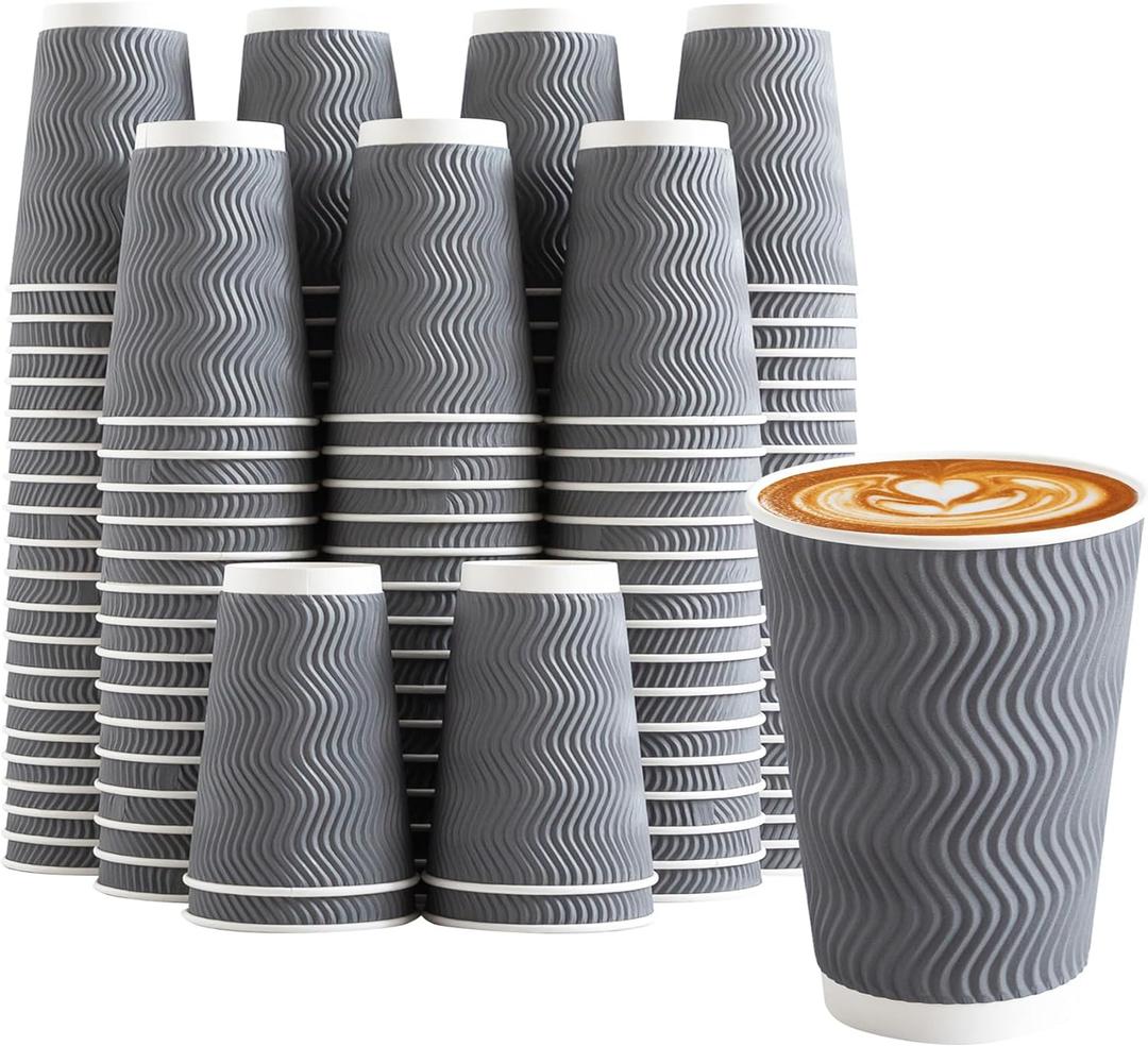 Coffee Cups 12 oz 120 Pack, Corrugated Insulated Ripple Wall Disposable Paper Coffee Cups 12oz, To Go for Hot Beverage or Cold Drinks Office/Home/Cafe/Party/Travel (Gray)