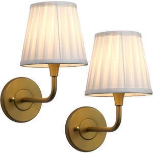 PERMO Set of 2 Vintage Gold Wall Sconces with White Pleated Fabric Shade E26 Hardwired Wall Light for Bedroom, Living Room, Hallway, Bathroom, Entryway