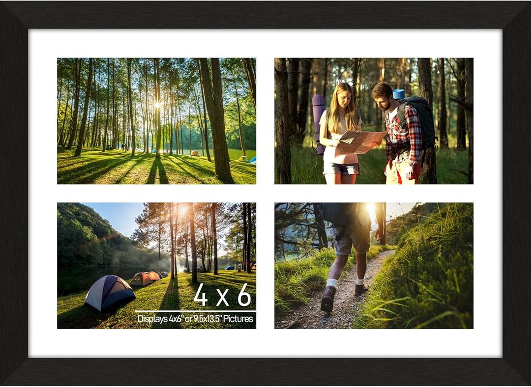 4"x6" Photo Collage Frame 4 Openings, 9.5"x13.5" Multi Picture Frame Collage Wall Decor Wooden, Black Frame with White Mat, Wood
