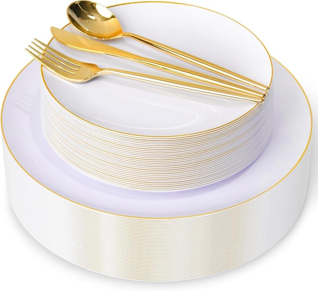 I00000 150PCS White and Gold Plastic Plates with Disposable Silverware for 30 Guests,Nice Disposable Plates,White Plastic Plates Set Include 30 Dinner Plate,30 Dessert Plate,90 Gold Cutlery for Party, Large