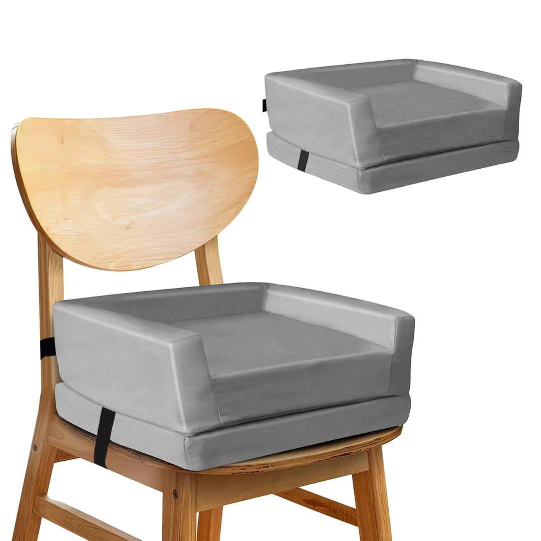 Ajustable Height Booster Seat Cushion for Dining Table with Safety Buckle, 16.1"x14.1"x7.8" Grey 2-Layer Foam Cushion with Hook & Loop Design Non-Slip Base Portable for Kitchen Chair & Trave