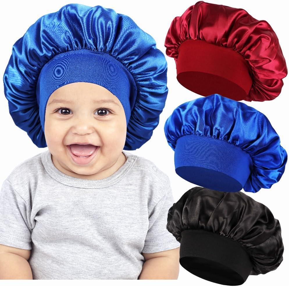 3 Pcs Baby Bonnets for Sleeping,Silk Sleep Cap for Baby Girls and Boys (One Size, A3-black,blue,burgundy)