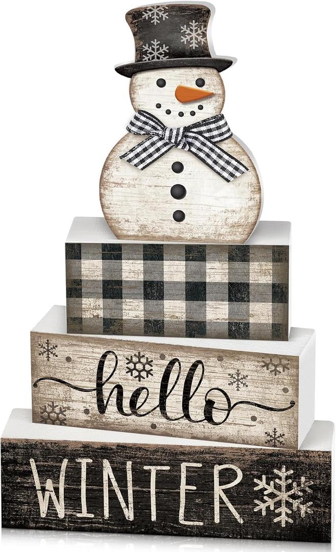 4 Pcs Snowman Christmas Decor Winter Table Decorations Christmas Tiered Tray Decor Winter Centerpiece Decorations Indoor Rustic Wooden Snowman Block Sign Gift Farmhouse for Home Kitchen Shelf