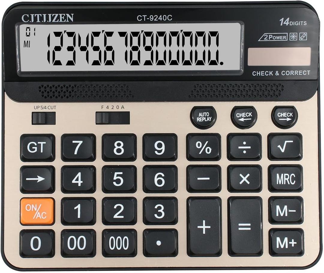 Large Mechanical Calculator,Dual Power Desk Calculator 14 Digit Big Buttons,Desktop Calculator Extra Large 5In LCD Display for Office, Home, School (Champaign Gold)