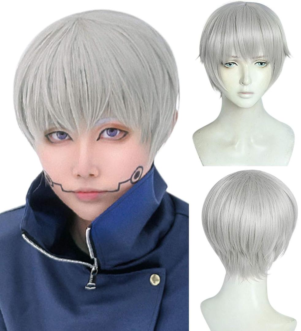 ANOGOL Wig Cap+Short Silver Cosplay Wig Men Synthetic Grey Hair with Bangs Short Silver Grey Wigs with Bangs Costume Wig for Halloween Anime Cosplay Light Gray Wigs for Men Women Party Event