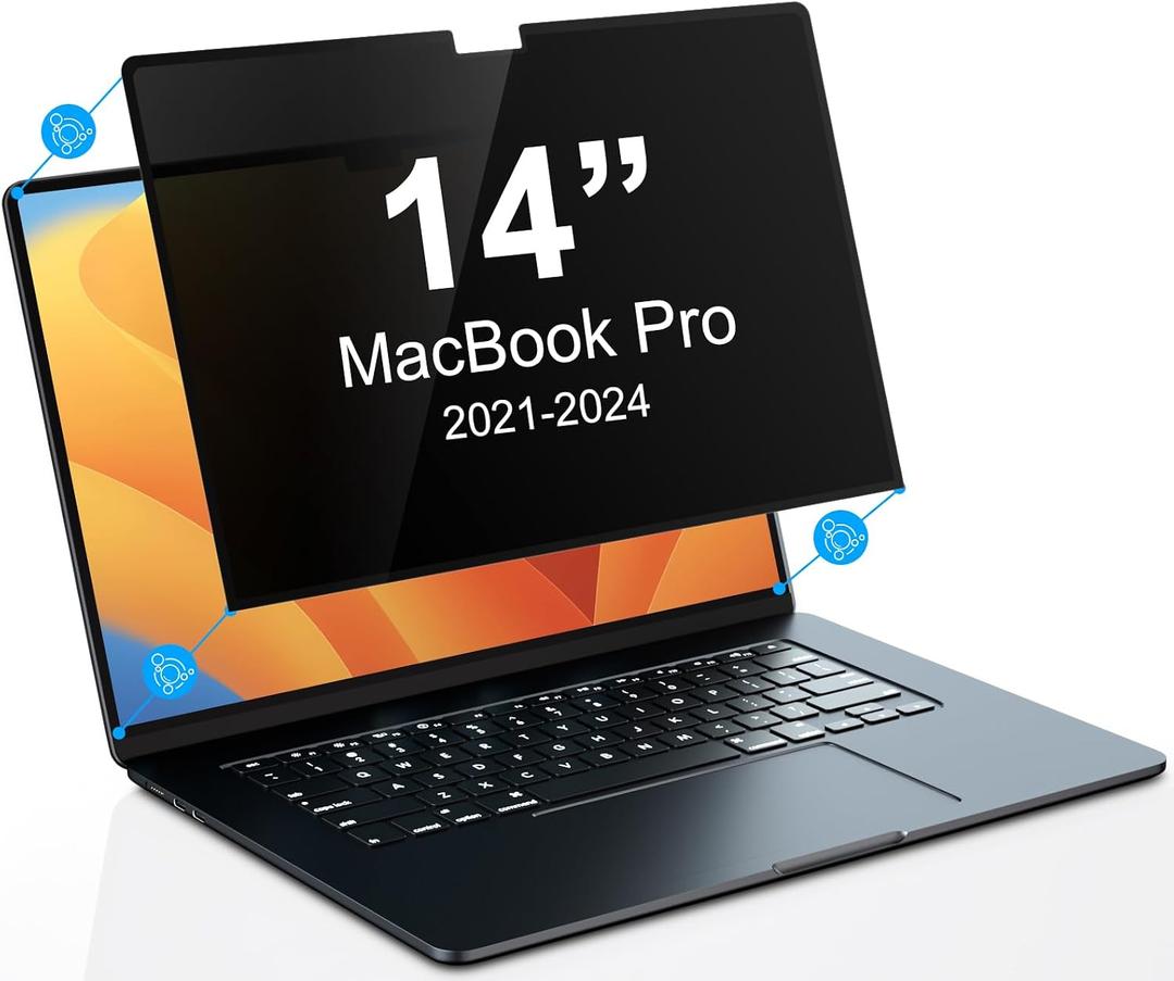 PYS Privacy Screen Protector for MacBook Pro 14 Inch (2021-2025, M1, M2, M3, M4M5) - Nano Attach, Anti-Spy, Reusable & Removable, Blue Light & UV Blocking, 2Pcs Camera Cover Slide, Case Friendly
