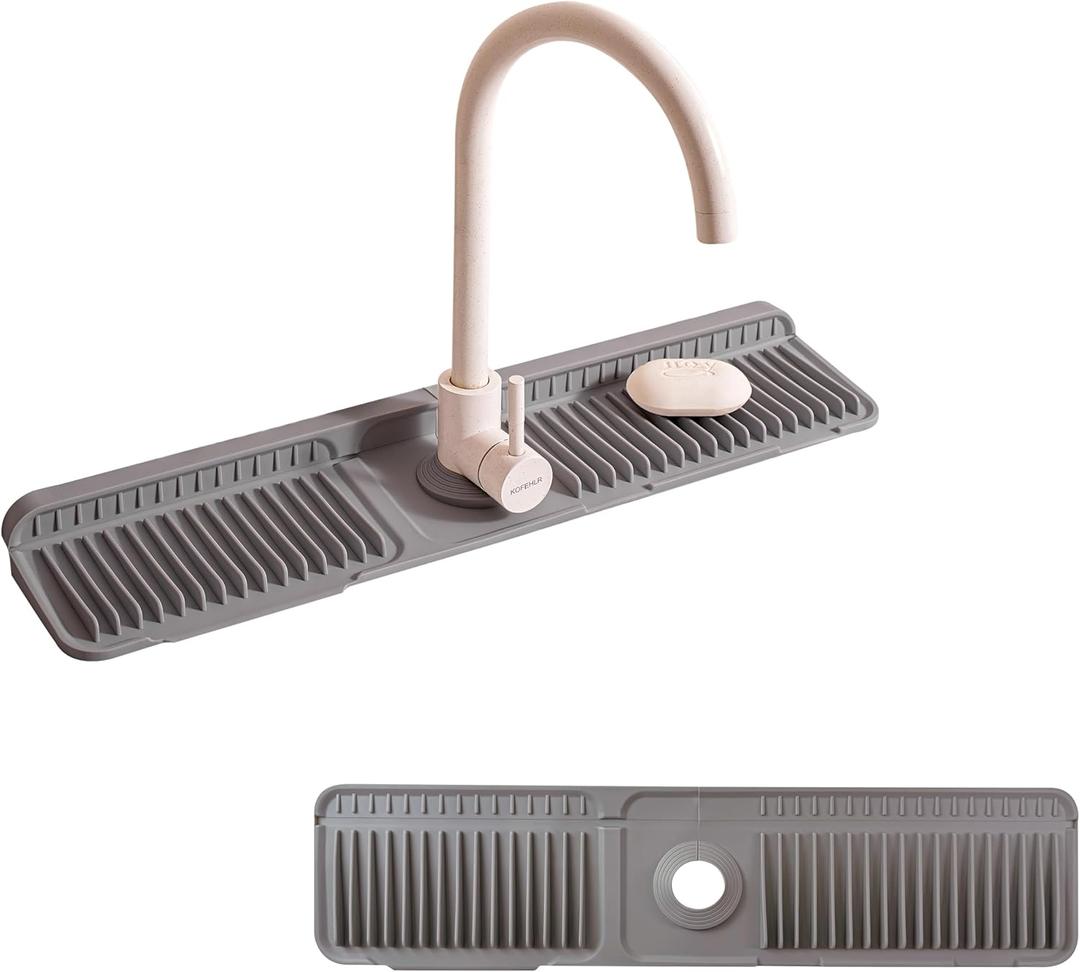 24" Silicone Sink Splash Guard - Kitchen Sink Accessories with Drip Tray, Sponge Holder & Soap Dish, 6 Slope Design for Easy Drainage, Foldable & Fasten Button for Secure Fit, Grey (24" x 5.5", Gray)