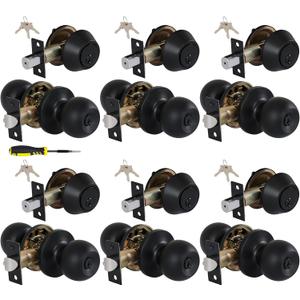 Lanwandeng (6 Sets) All Keyed Same Entry Knobs&Single Cylinder Deadbolt for Exterior Front Doors, Matte Black Finish Round Ball Entry Door Lock with Same Keys