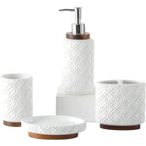 Bathroom Accessories Set 4 Pcs Toothbrush Holder Soap Dispenser Ceramic and Wood Bathroom Decor Set Contain Toothbrush Cup Soap Dish Tumbler White