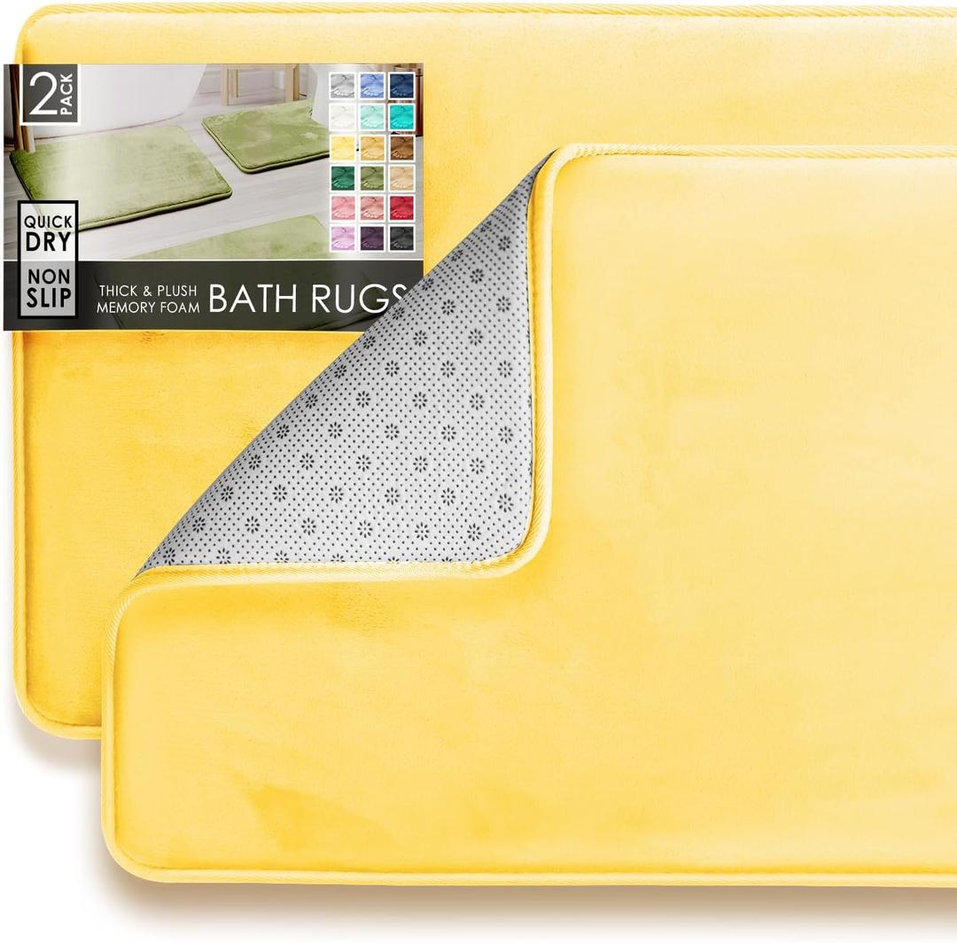 Clara Clark 2 Piece Bathroom Rugs Bath Mat Set, Velvet Memory Foam Bath Mats for Bathroom - Non-Slip, PVC Backing Bath Rugs, Washable - Dries Quickly, Yellow, 17 x 24 + 20 x 32