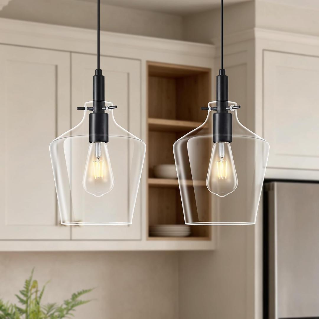 2 Pack Kitchen Island Pendant Lights, 8" Clear Glass Shade Black Modern Farmhouse Industrial Pendant Light Fixtures, Adjustable Hanging Ceiling Lamp for Dining Room Bedroom Living Room