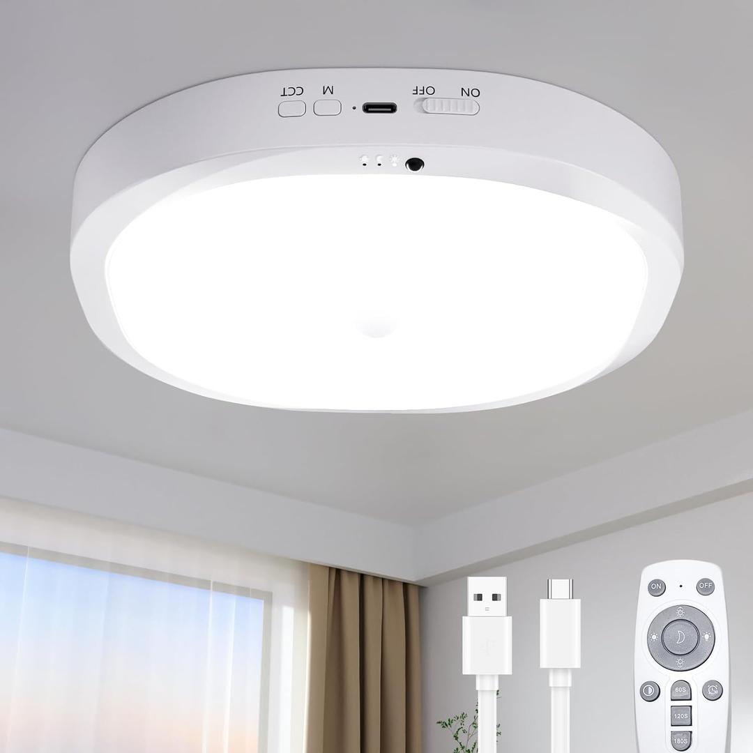 Rechargeable Motion Sensor Ceiling Light Indoor, 10000mAh Battery Operated Closet Light with Remote Control, Magnetic Mount Shower Light for Bathroom/Pantry/Garage