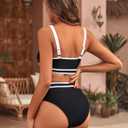 BMJL Women's High Waisted Bikini Sets Sporty Two Piece Swimsuits Color Block Cheeky High Cut Bathing Suits (Black, L)