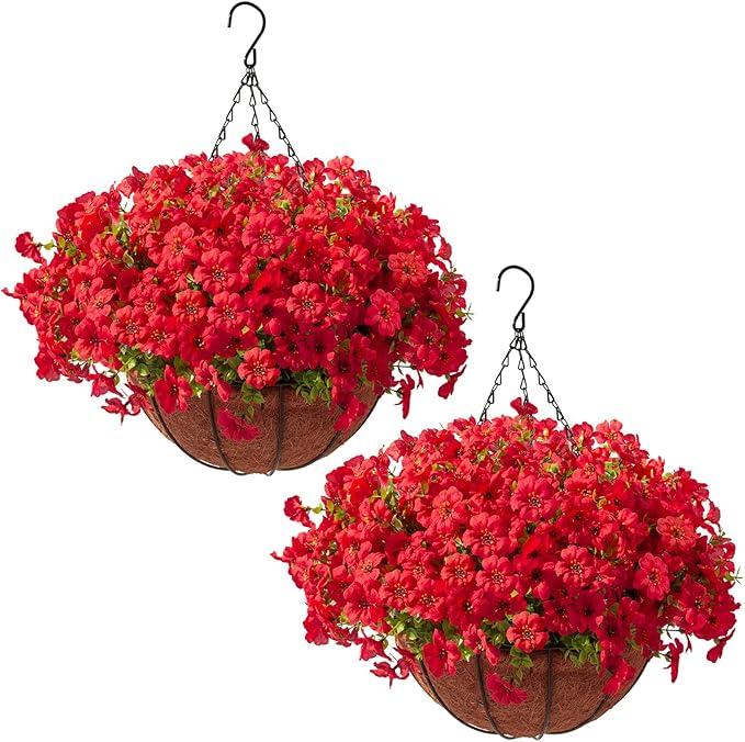 Hananona 24 Pcs Artficial Outdoor Flowers with Hanging Baskets, 2 Pack Hanging Planter with Red Outdoor Spring Flowers for Christmas Porch Home Patio Yard Decor (2, Red)