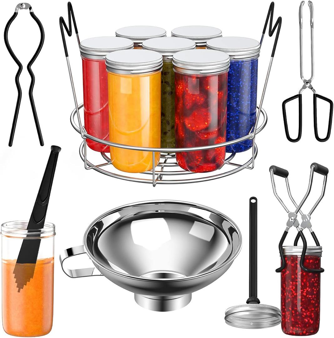 Canning Supplies Starter Kit, 7 Piece Canning Tools Set with Stainless Steel Rack, Wide Mouth Funnel, Kitchen Tongs, Jar Lifter, Magnetic Lid Lifter, jar Wrench, Bubble Popper (Black)