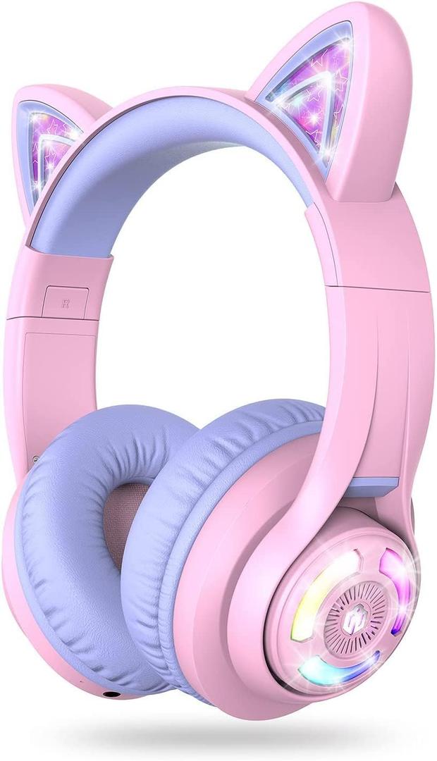 iClever Cat Ear Kids Bluetooth Headphones, LED Lights Up, 74/85dBA Safe Volume Limited, 50H Playtime,Bluetooth 5.2, USB C,Kids Headphones Wireless Over Ear for Travel iPad Tablet, Meow MacaronPurple